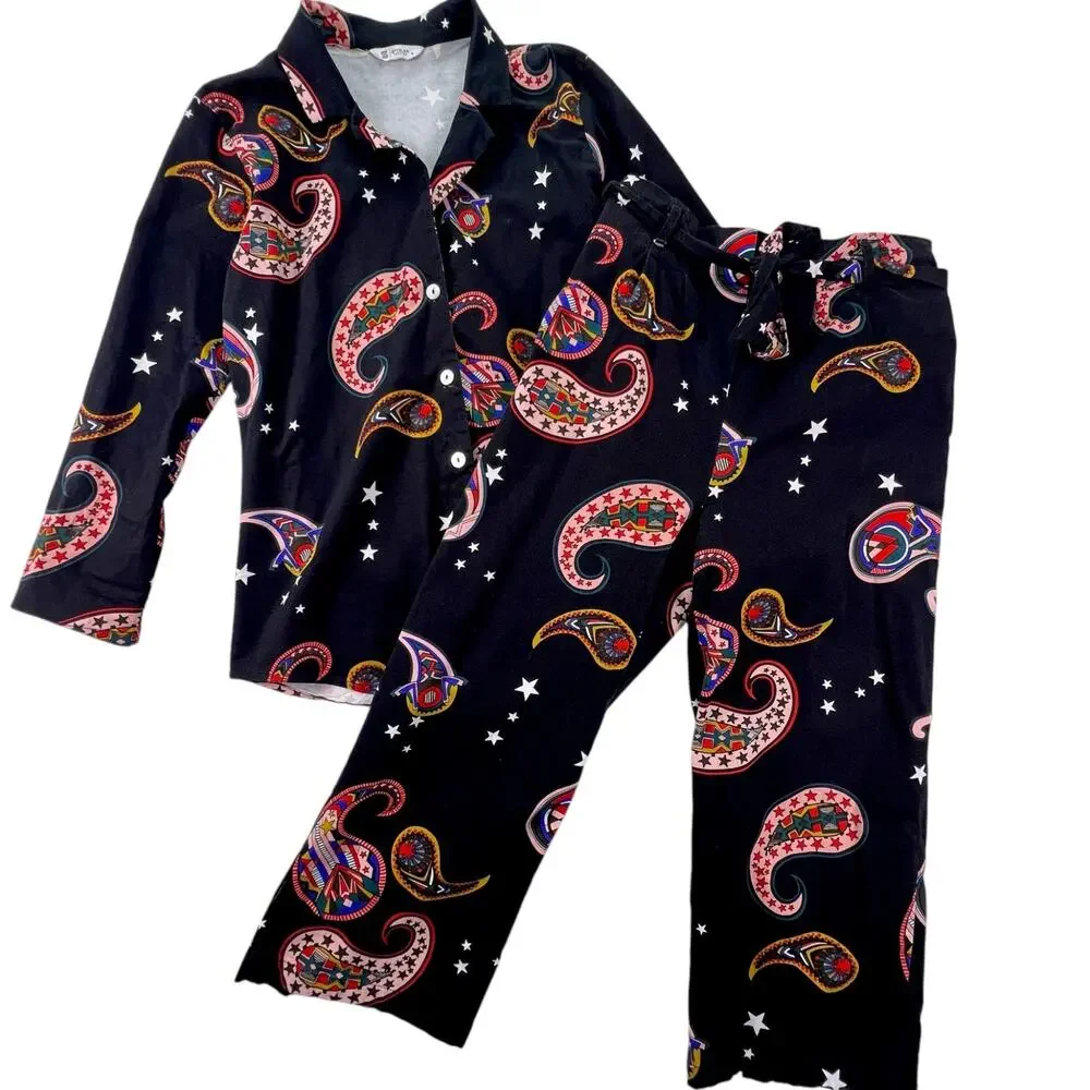 Paisley Star Print Matching Set Womens M Black Pajama Style Indie Cropped Pants